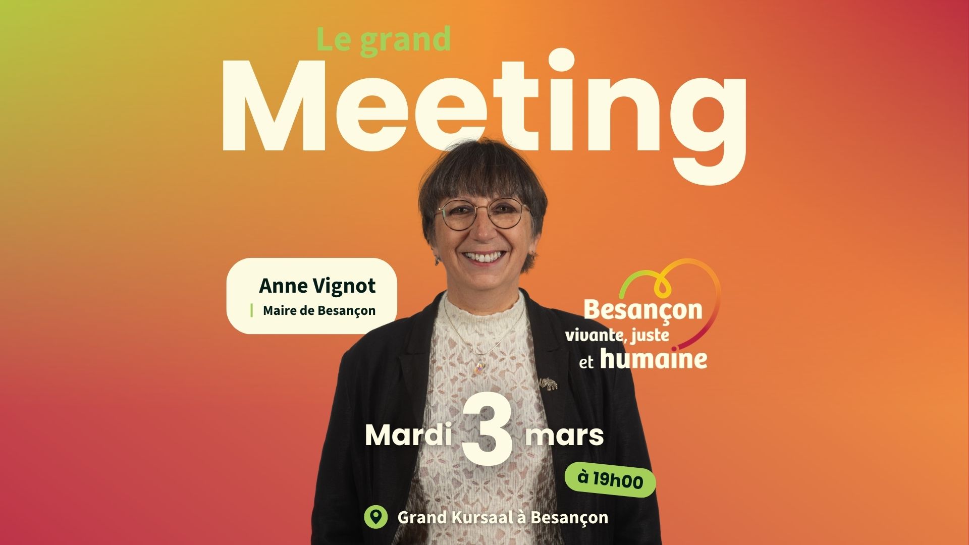Anne Vignot annonce son meeting au Kursaal le Mardi 3 mars à 19h